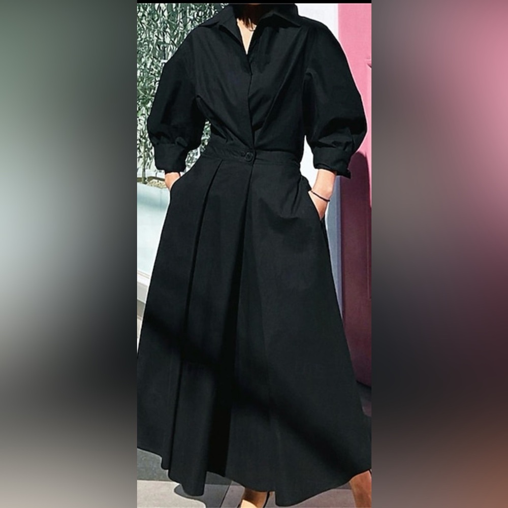 Cotton Linen Shirt Dress Pleated Button Loose Swing Dress with Pockets